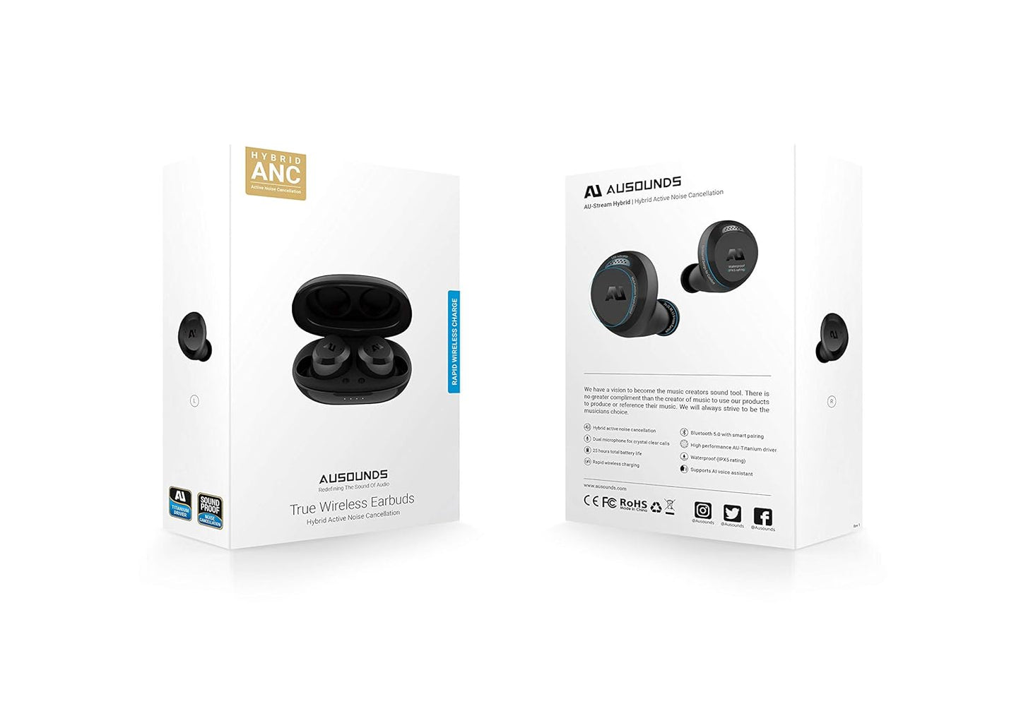 AUSOUNDS AU-Stream Hybrid Bluetooth True Wireless Hybrid Active Noise Cancelling Earbuds with Touch Controls, Wireless Charging Case, and Premium Dynamic Drivers, Black