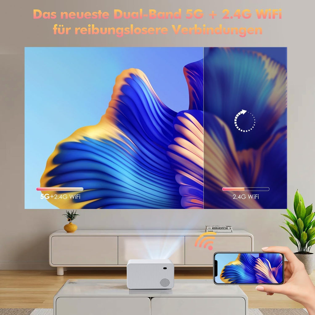 Mini Projector Full HD 1080P with 4K Support, WiFi Bluetooth Projector with Motorised Zoom, 30-200 Inch Projection Size, Compatible with iOS/Android/Laptop/HDMI/USB (White)