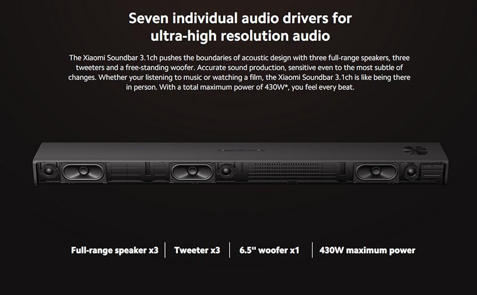 Xiaomi Soundbar 3.1ch, 430W Max Power, 3.1ch DTS® Virtual X Sound, One-tap to Play Audio with NFC, Wireless and immersive subwoofer Experience