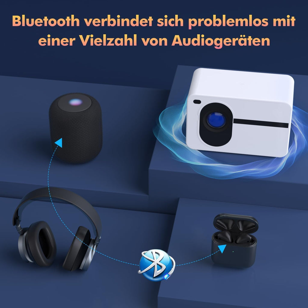 Mini Projector Full HD 1080P with 4K Support, WiFi Bluetooth Projector with Motorised Zoom, 30-200 Inch Projection Size, Compatible with iOS/Android/Laptop/HDMI/USB (White)