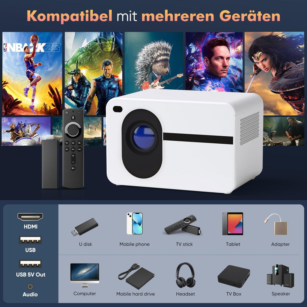 Mini Projector Full HD 1080P with 4K Support, WiFi Bluetooth Projector with Motorised Zoom, 30-200 Inch Projection Size, Compatible with iOS/Android/Laptop/HDMI/USB (White)