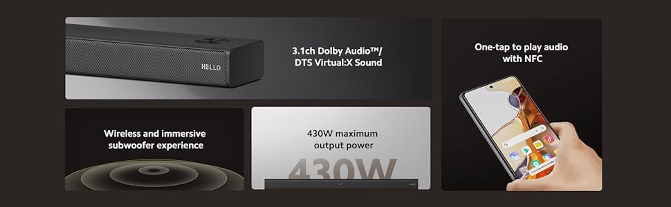 Xiaomi Soundbar 3.1ch, 430W Max Power, 3.1ch DTS® Virtual X Sound, One-tap to Play Audio with NFC, Wireless and immersive subwoofer Experience